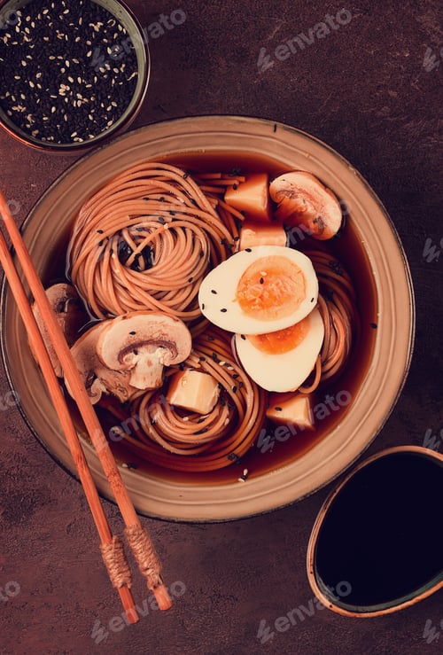 Preview: Asian soba soup, with mushrooms and egg, cheese, sesame seeds, homemade, no people,