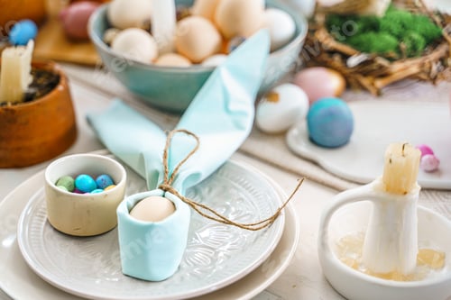 Preview: Table decoration for Easter celebration in kitchen.Tablescape for Easter holiday at home.Family reli