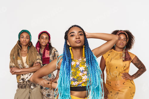 Preview: Young black four women wearing dress posing together on camera