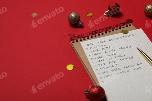 Preview: Notepad and paper with list on red background, space for text