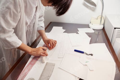 Preview: Japanese woman wearing glasses working at a desk in a small fashion boutique.