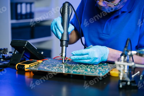 Preview: Senior technician soldering a circuit board on workbench. Blue gloves, precision tools, and
