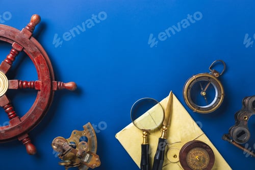 Preview: Old fashioned flat lay with retro accessories on blue background