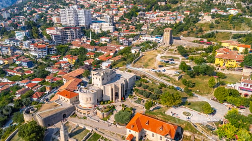 Preview: The beautiful Kruje Castle and its fortress seen from an aerial drone view, tower and the Kruje
