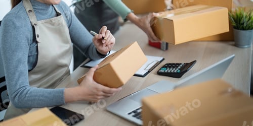 Preview: Startup small business owner working with computer at workplace. Two woman seller check product