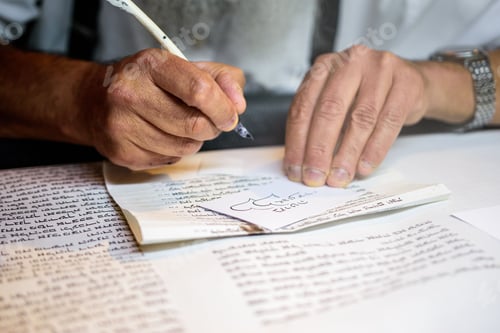 Preview: Man sitting at a desk and writing with a feather quill