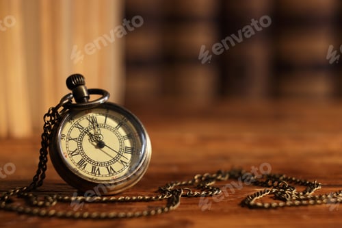 Preview: Pocket clock with chain on wooden table, closeup. Space for text