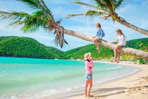 Preview: Mom and kids on palmtree on caribbean beach