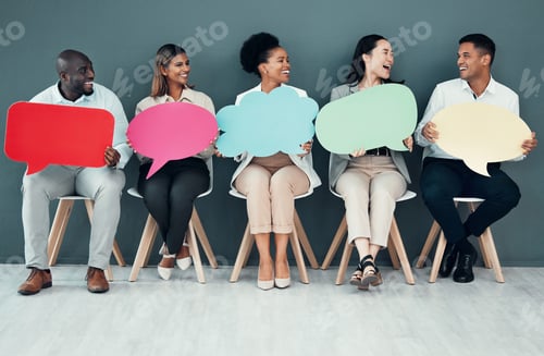 Preview: Business people, group and speech bubble in office for recruitment, comic laughing and team opinion