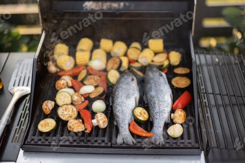 Preview: Fish and vegetables on a grill