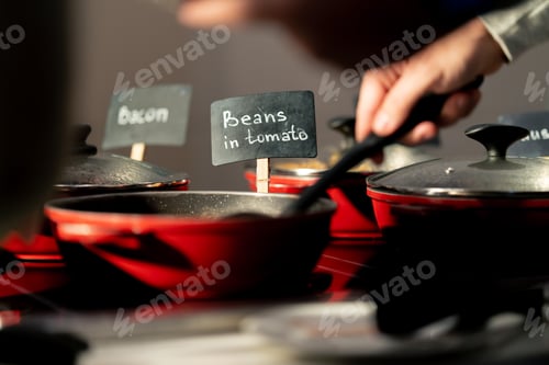 Preview: close-up buffet line breakfast or dinner in hotel beautiful serving of food with plates hospitality