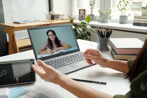 Preview: Clever schoolgirl on laptop screen looking at teacher explaining grammar rule