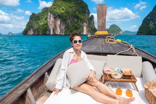 Preview: Woman tourist in private longtail boat trip to island with exotic food picnic, Krabi, Thailand.