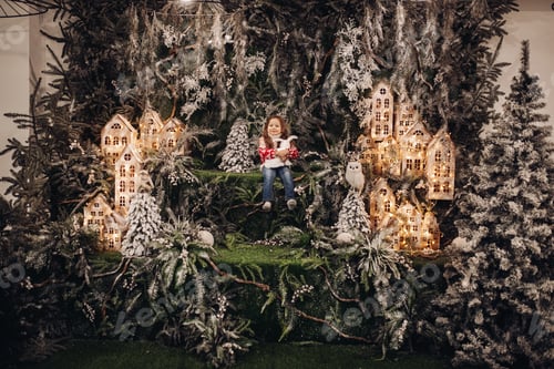 Preview: Cute little girl with toy rabbit in winter wonderland.