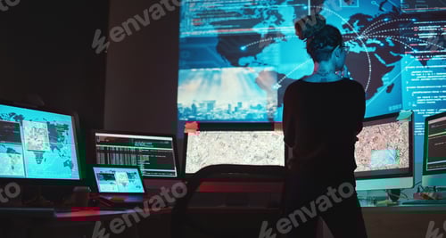 Preview: Cybersecurity, woman and map of global network for phishing, ransomware and cyber terrorism search.