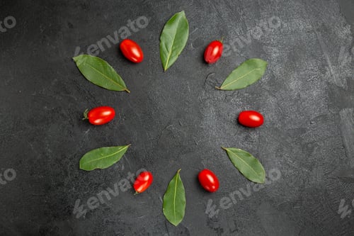 Preview: top view cherry tomatoes and bay leaves on dark ground with copy space