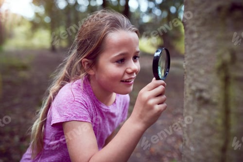 Preview: Girl At Outdoor Activity Camp Studying Tree Bark With Magnifying Glass