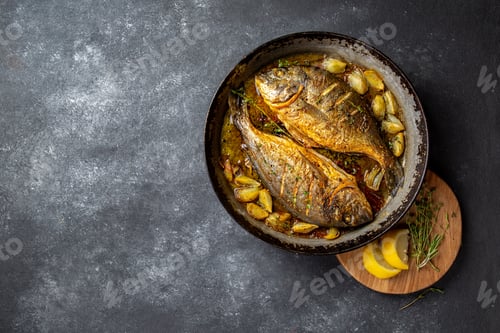Preview: Baked sea bream or dorada with onion and herbs in pan on dark background.