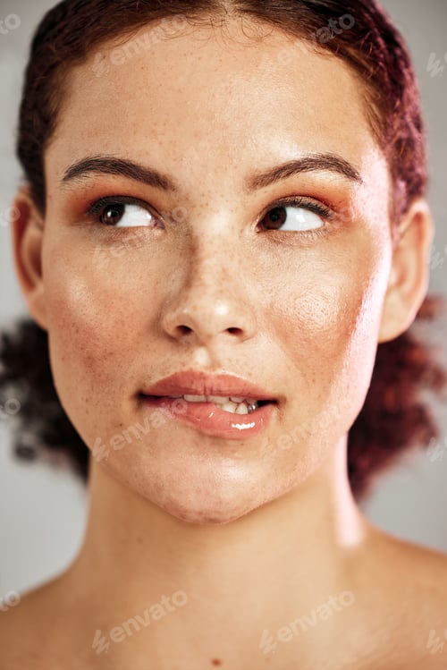 Preview: Beauty, thinking and woman in studio for makeup, self care and cosmetics, content and calm. Contemp
