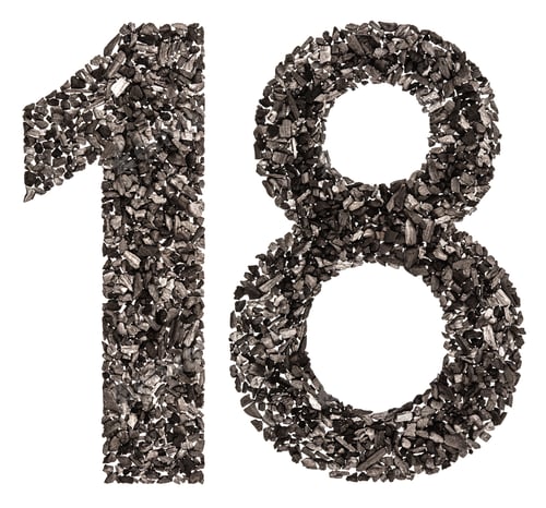 Preview: Arabic numeral 18, eighteen, from black a natural charcoal, isolated on white background