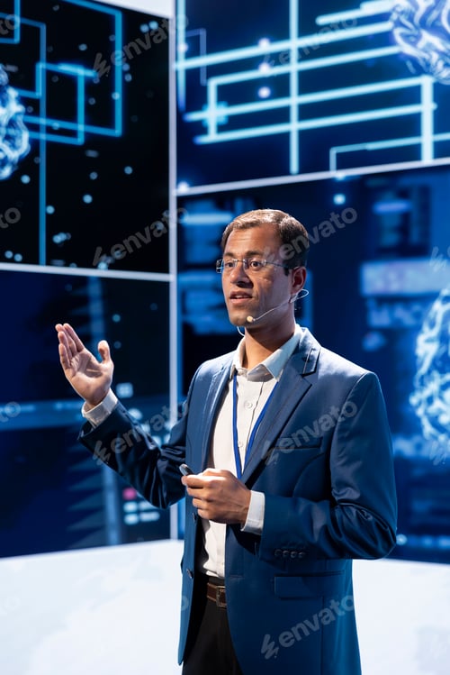 Preview: Computer scientist presenting latest artificial intelligence innovations at expo