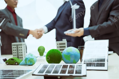 Preview: Three businessmen meet table to discuss the development of a clean energy and environmental city
