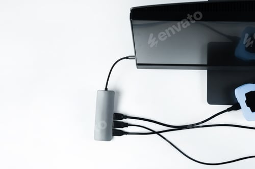 Preview: Adapter with connection of external hard drives connected to a monoblock on a white background