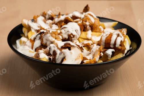 Preview: Wooden table with a bowl of fries and meat topped with mayo