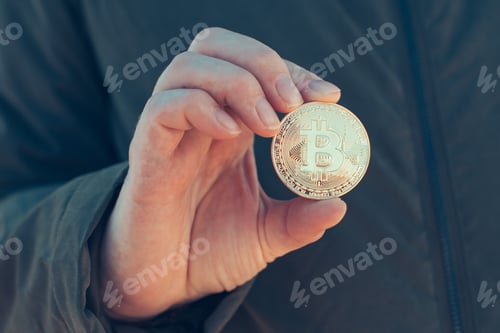 Preview: Woman holding Bitcoin BTC cryptocurrency