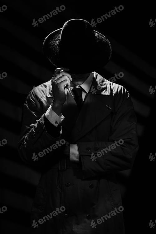 Preview: A dark silhouette of a man in a coat and hat in the noir style.