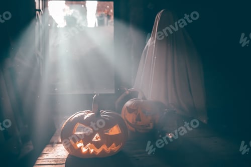 Preview: Halloween Pumpkins On Wood In A Spooky Night