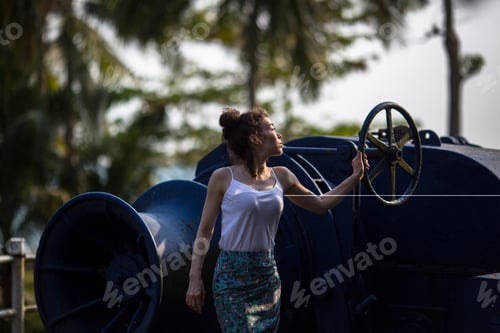 Preview: Fashionable Girl Of Mixed Race On An Abandoned Facility In The Jungles Of Asia.