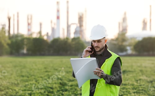 Preview: Young engineer with smartphone standing outdoors by oil refinery. Copy space