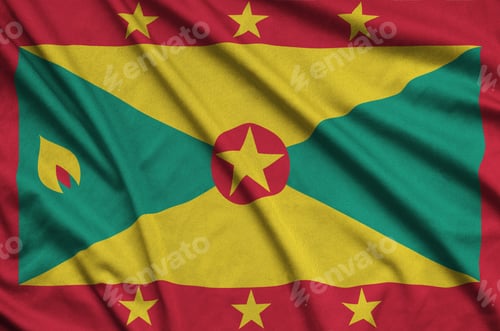 Preview: Grenada flag is depicted on a sports cloth fabric with many folds. Sport team waving banner