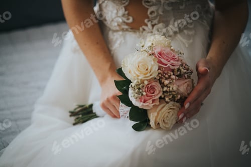 Preview: Bride wearing a wedding dress holding her beautiful bouquet