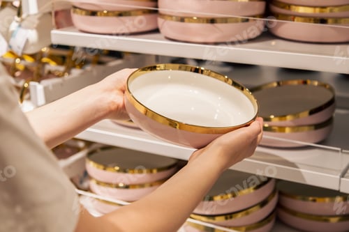 Preview: Woman holding a plate in the store, the concept of choosing dishes.
