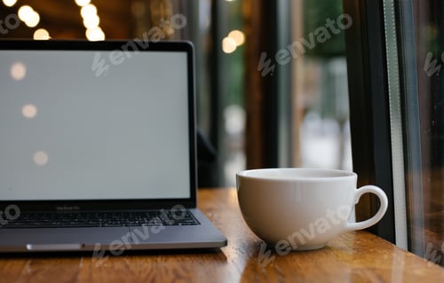 Preview: Laptop and Coffee Cup on Wooden Desk