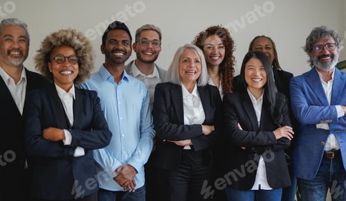 Preview: Multi generational business people smiling on camera inside company office