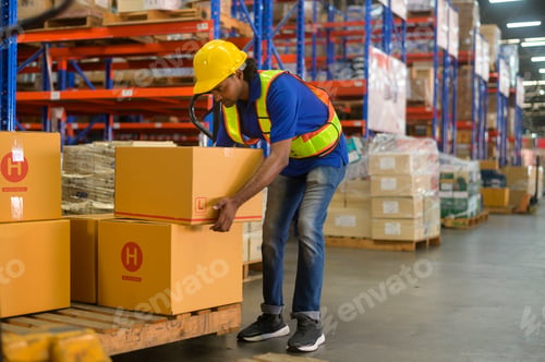 Preview: Male worker wearing helmet lifting cardboard box in warehouse