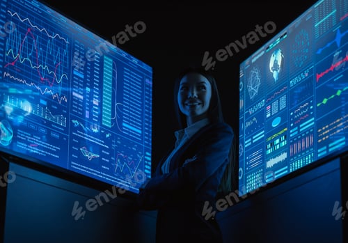 Preview: The smiling business lady standing between blue monitors in the dark office.
