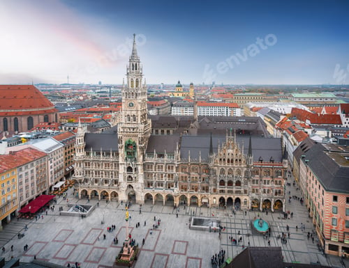 Preview: Aerial view of Marienplatz Square and New Town Hall at sunset - Munich, Bavaria, Germany