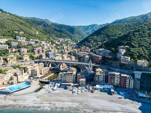 Preview: Seaside village with sandy beach and crystal blue waters, the town of Sori, in Liguria