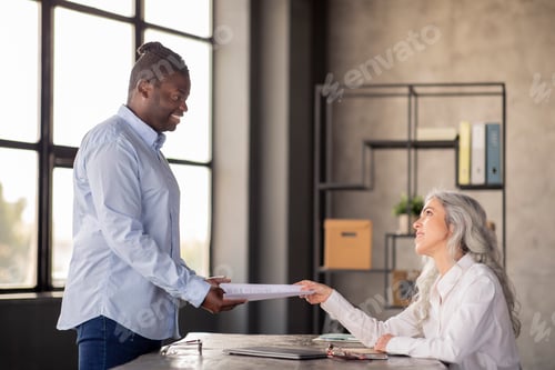 Preview: Manager Lady Giving Papers Making Career Offer To Applicant Indoor