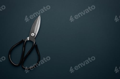 Preview: Pair of sharp scissors on dark background, top view. Space for text
