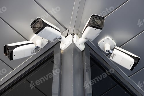 Preview: Bottom view close-up of four white surveillance cameras