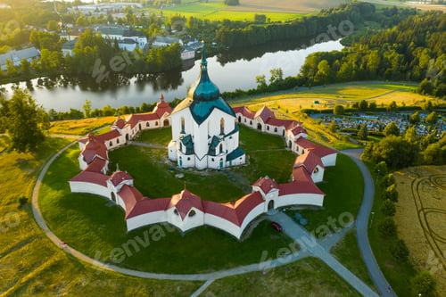 Preview: Aerial view of Pilgrimage Church of Saint John of Nepomuk on the Green Hill at sunset