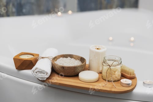 Preview: Hotel spa treatment or home bath procedure. Bathroom with accessories on tray