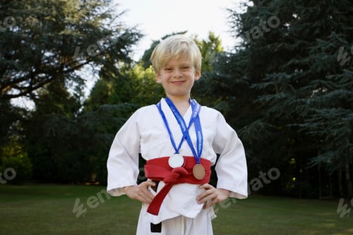 Preview: Boy in Karate Kit, with medals
