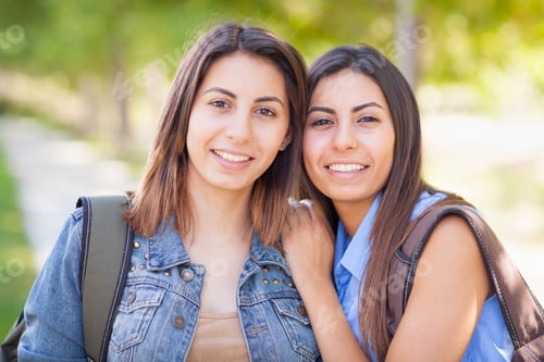 Preview: Two Beautiful Young Ethnic Twin Sisters With Backpacks Walking Outdoors.
