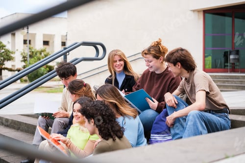 Preview: Group of students sitting on the stairs exchanging books